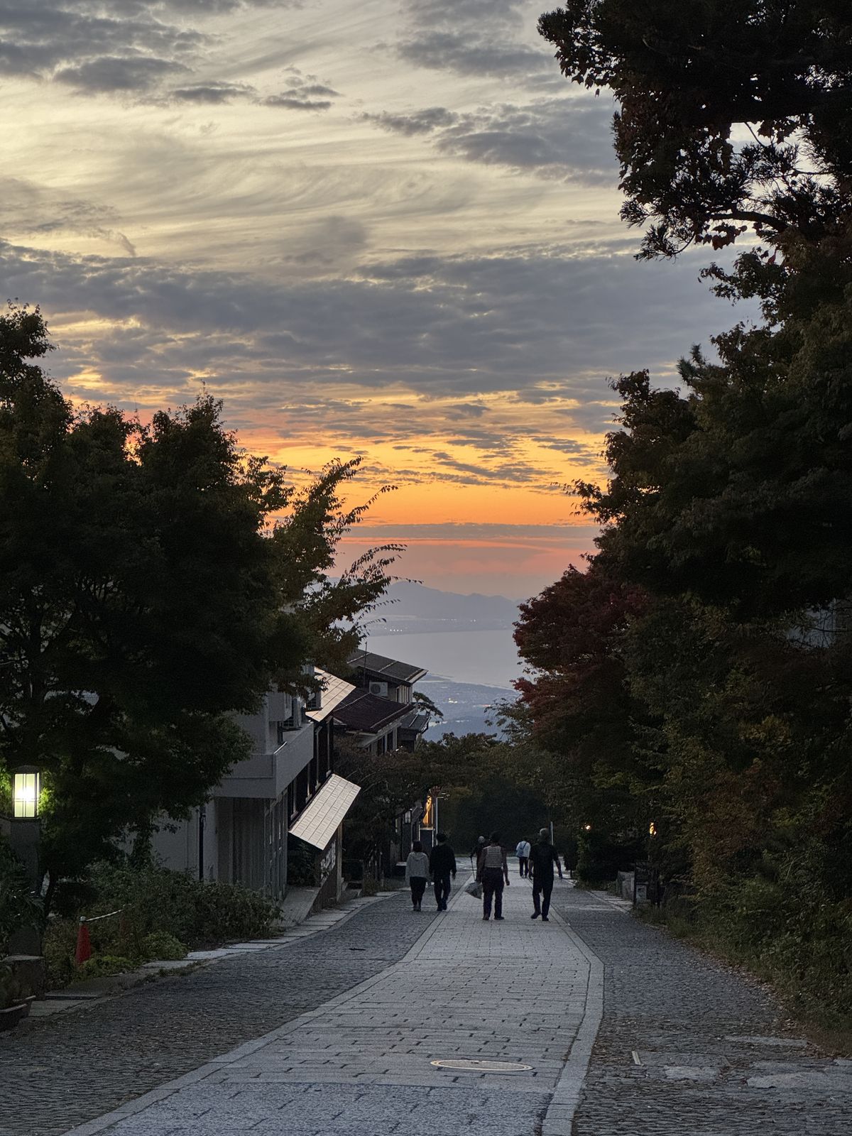 Eine gepflasterte Straße führt bergab zwischen dunklen Bäumen, am Horizont ist der Himmel orange über dem Meer.